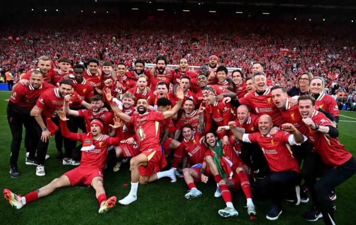 Liverpool resmi menyabet gelar juara Liga Premier Inggris musim 2024/25 setelah mencatat kemenangan meyakinkan 5-1 atas Tottenham Hotspur pada Minggu (27/4/2025). Liverpool resmi menyabet gelar juara Liga Premier Inggris musim 2024/25 setelah mencatat kemenangan meyakinkan 5-1 atas Tottenham Hotspur pada Minggu (27/4/2025).