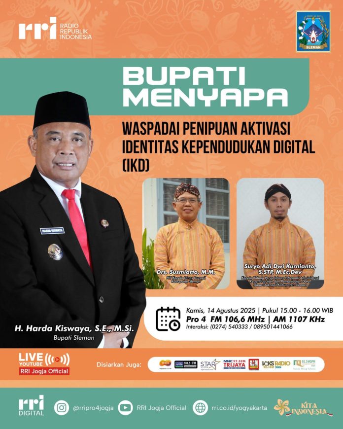 Siaran Bupati Menyapa melalui RRI Pro 4 Yogyakarta, membahas mengenai Aktivasi Identitas Kependudukan Digital (IKD). (Foto: RRI Yogyakarta).