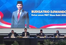 Ketua Umum Pengurus Nasional Karang Taruna (PNKT) masa bakti 2025-2030, Budisatrio Djiwandono dalam kata sambutan usai ditetapkan sebagai ketua umum, Minggu (24/8/2025)