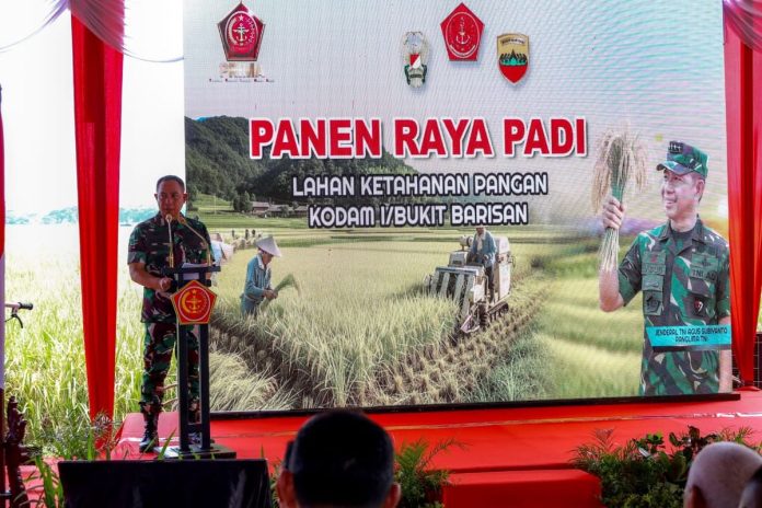 Panglima TNI Jenderal Agus Subiyanto dalam kegiatan Panen Raya Padi di lahan ketahanan pangan milik Kodam I/Bukit Barisan, Desa Sidoarjo Ramunia, Kabupaten Deli Serdang, Sumatera Utara, Kamis (10/7/2025).(Dokumentasi Pusat Penerangan (Puspen) TNI.)